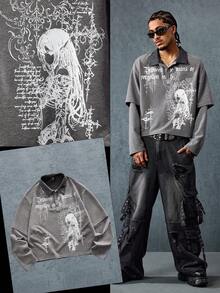 ROMWE MEN Men's Long Sleeve Mock Neck Anime Graphic T-Shirt - Dark Grey - View 1