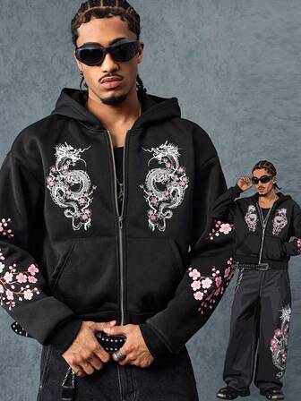 Anime Felpa con cappuccio casual di moda da uomo con stampa di drago, stile streetwear, top a maniche lunghe