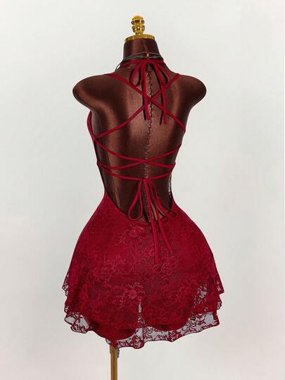 Amplova Vintage Sleeveless Lace Patchwork Semi-Sheer Heart-Shaped Bust Bodycon Mini Dress, Sexy Red Lace Dress Red Open Back Dress Red Corset Dress Red Wine Dress Red Cocktail Dress Dark Red Dress Valentine's Day Cross-Strap Open Back