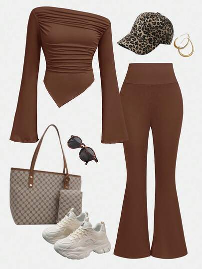 Girlism Tonårsflickor 2 st/set Casual Brun Plisserad Långärmad Figurnära Stickad Topp Och Utsvängda Byxor Set För Hemma Och Utomhus, Resekläder Flygplats