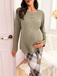 Moonlight&Mama Conjunto de pijama de maternidad con top de manga larga con cuello de equipo acanalado de unicolor con botones y pantalones estampados a cuadros - Multicolor - Ver 4
