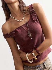 Bohemela Plus Size Women Solid Color Adjustable Buckle Design Casual Tank Top - Burgundy - View 3