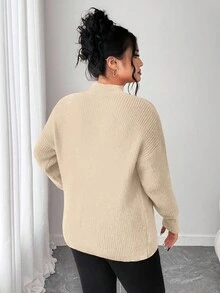 Elenzga Plus Size Women Elegant Solid Color Round Neck Collar Crochet Dropped Shoulder Sweater, Long Sleeve Knit Pullover, Autumn/Winter - Apricot - View 2