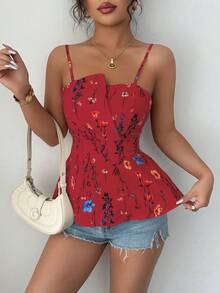 Selianne Floral Print Asymmetrical Hem Camisole Crop Top For Women, Spring/Summer - Red - View 4
