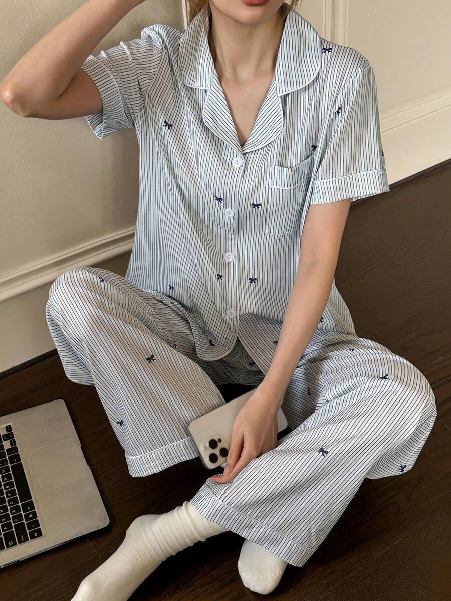 Napfluff Women's Striped Bow Print Short Sleeve Pajama Set - Multicolor - View 1
