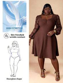 CurvyTilda Plus Size Women Sweetheart Neck Long Sleeve Ruched Ribbed Casual Dress, For Hourglass Body Shape - Brown - View 1