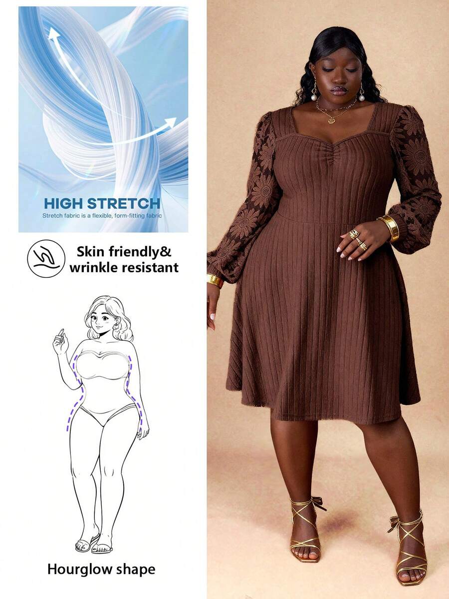 CurvyTilda Plus Size Women Sweetheart Neck Long Sleeve Ruched Ribbed Casual Dress, For Hourglass Body Shape - Brown - View 1