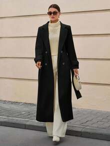 EURMUSE Lapel Collar Double-Breasted Belt Extra Long Overcoat - Black - View 5