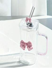 1个方形蝴蝶结玻璃杯，带把手，透明经典马克杯，可作茶杯、果汁杯、咖啡杯、牛奶杯、水杯、水果杯、汤杯，适用于厨房、餐厅、派对、万圣节、户外派对、返校用品 - 彩色 - 查看 5