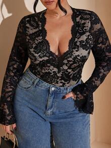 SHEIN BAE Plus Size Black Sheer Baroque Lace Bodysuit With V Neck Flare Sleeves - Black - View 5