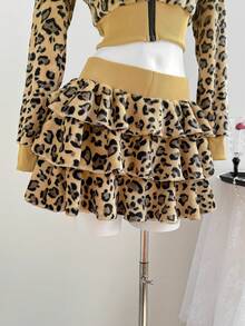 Elamini Bộ 2 món gồm áo khoác dài tay có mũ trùm đầu lót lông in họa tiết da báo và chân váy ngắn xếp ly dành cho nữ, trang phục thanh lịch, cổ điển, sang trọng cho tiệc tùng, lễ tốt nghiệp, mặc hàng ngày, mùa thu/đông. - màu nâu - Xem 7