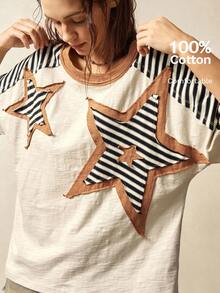 Bohemela 复古美式休闲度假风撞色星形图案圆领宽松短袖T恤（女款） - 杏色 - 查看 8