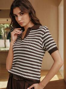 Anewsta French Spring/Summer Vintage Coin Texture Business Casual Striped Brown Patchwork V-Neck Knit Top - Coffee Brown - View 6