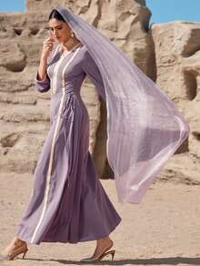 Al Najma Robe élégante et à la mode pour femme, style arabe, avec ceinture à nouer - Mauve - Voir 6