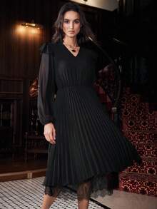 Uhlyne Women's Long Sleeve Lace Trim Flared Midi Dress With Stand Collar, Pleated Waist, Elegant For Work Or Party, Spring/Autumn - Black - View 1