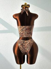 Zestiva Women's Halter Tie Hollow Out Leopard Print Bikini Set, Fashionable Casual Swimsuit For Spring, Summer, Autumn & Winter - Multicolor - View 2