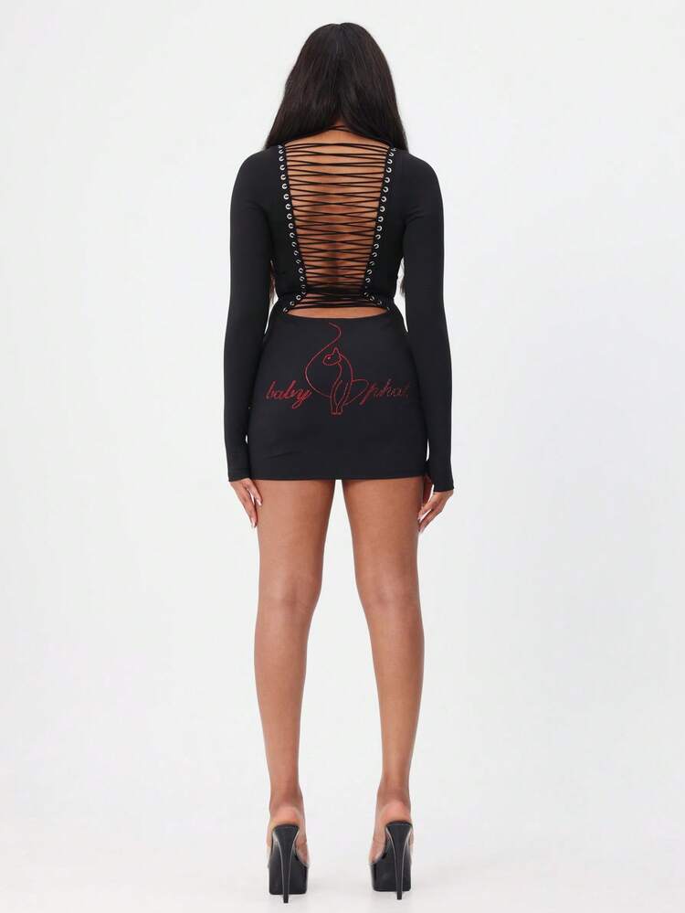 BABYPHAT Long Sleeve Bodycon Mini Dress With Lace Up Back Detail And Rhinestone Logo Embellishment For Party Evening