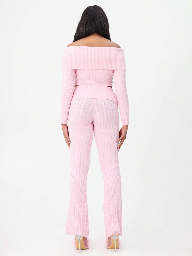 BABYPHAT Kabel-Strick Hoch Taillierte Weite Bein Sweathose mit geripptem Bund für gemütliche Winter Loungewear und lässige Herbst Outfits