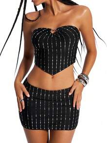 TypaGal Y2K Edgy Chic Urban Bold Modern Rebel Sparkle Wild Sexy Stylish New Year Winter Summer  Black Heart-Decorated Slim-Fit Knitted Women's Y2K Sequin Asymmetric Hem Cropped Fitted Sexy Bandeau Top - Black - View 7