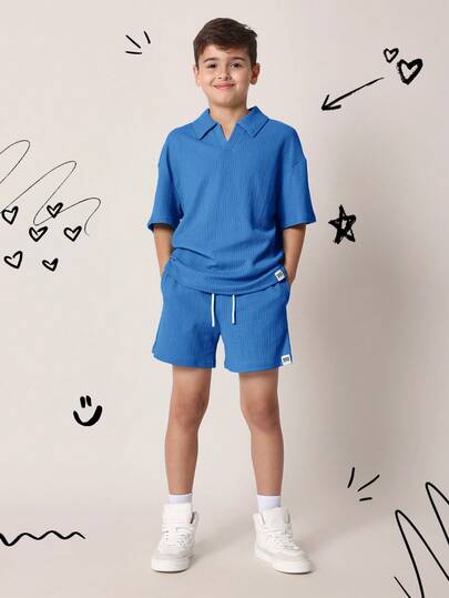  SUMWON Boys Textured Polo Shirt And Matching Drawstring Shorts Summer Casual Co-Ord Set Relaxed Fit Vacation