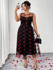 Elenzga Plus Size Women's Red Heart Embroidered Mesh Sleeveless Dress,Black And Red Summer Cute Party Casual Heart Pattern Dress For Valentine's Day/New Year - Multicolor - View 4