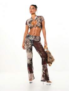 SUMWON WOMEN 龙纹网纱折叠腰带低腰喇叭裤，配以薄纱拼接和东方图案 - 彩色 - 查看 3