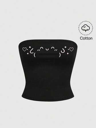 Kawaii Top corto sexy con gráfico de corazón de cachorro emoticono coreano lindo, en rosa y negro