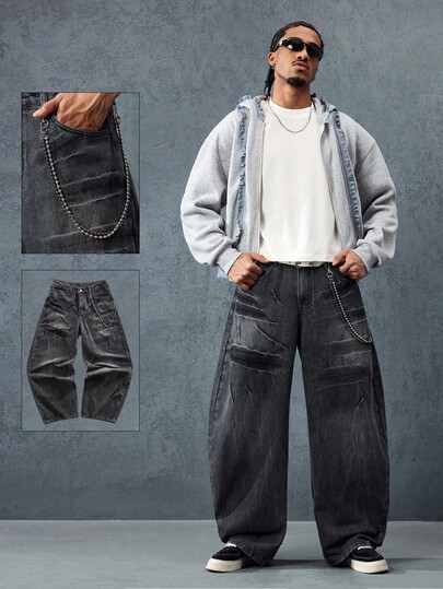 Street Life Jeans neri lavati a zampa d'elefante con tasche larghe per uomo