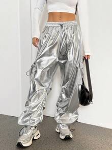 SHEIN PETITE 女士返校时尚抽绳高腰阔腿工装裤 - 銀色 - 查看 6