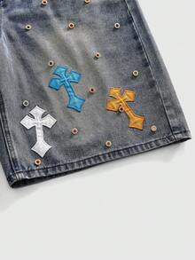 ROMWE MEN Men's Rhinestone Cross Embroidered Denim Shorts - Blue - View 2