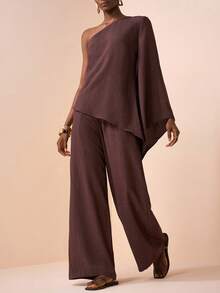 Zivah 2026 Spring/Summer New Valentine's Day Party Wedding Evening Date Casual Wear Student Daily Wear Basic Versatile Casual Vacation Cruise Travel Beach Sunbathing Viral Hit Elegant Commute Business Casual One-Shoulder Asymmetric Hem Bell Sleeve Top + Wide Leg Pants With Real Pockets, Spring/Summer 2-Piece Set, Deep Brown Bamboo Texture Set, Casual Set, Elegant Set, Women's 2-Piece Outfit - Mocha Brown - View 3