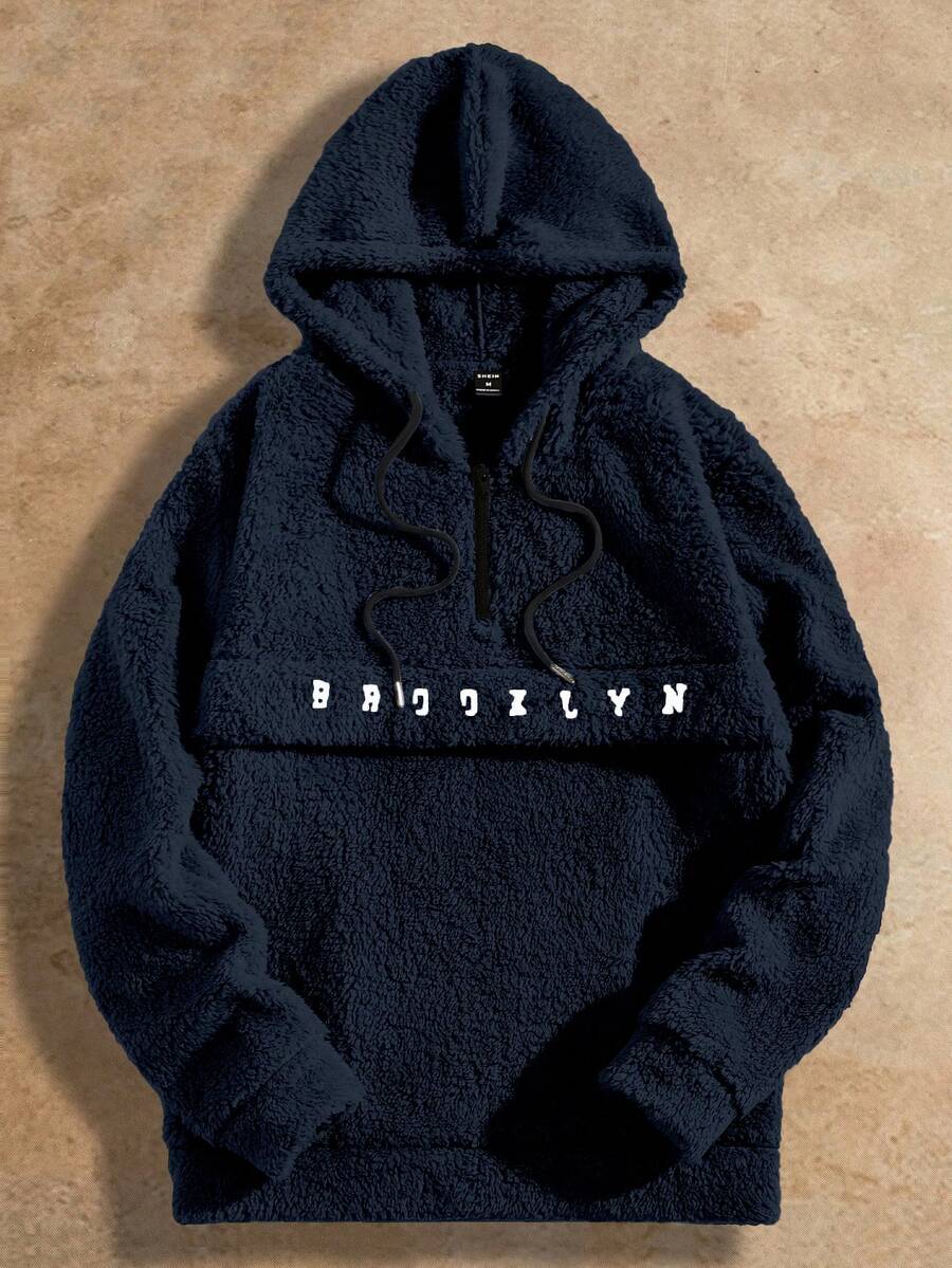 HIMLAND Men's Letter Embroidered Half-Placket Drawstring Hooded Knit Fleece Sweatshirt Navy Blue Hoodie Streetwear Hoodie Mens Navy Blue Hoodie Fleece Hoodie Embroidered Hoodie - Royal Blue - View 1