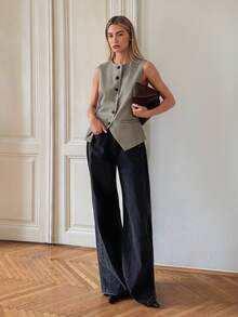 Ontre 2026春夏新款女士优雅纯色无袖纽扣休闲商务度假轻薄西装背心，适合独立日、海滩、办公室、毕业典礼等场合。 - 軍綠色 - 查看 3