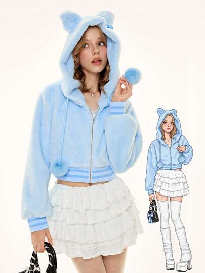 ROMWE Kawaii 可爱萌系3D猫耳仿毛皮短外套（女款）