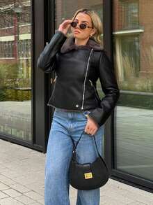 Bethéva Women's Black PU Leather Composite Faux Rabbit Fur Collar Jacket - Black - View 6