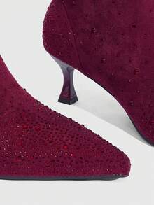 CUCCOO SZL Fashionable & Elegant Rhinestone Embellished High Heel Ankle Boots, Suitable For Commuting Valentine's Day - Burgundy - View 6
