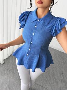 Elenzga Áo sơ mi nữ cỡ lớn thời trang, thanh lịch, cổ bẻ, tay ngắn, có bèo nhún ở gấu và thắt eo, thích hợp cho mùa xuân/hè. - Màu xanh nhạt - Xem 7