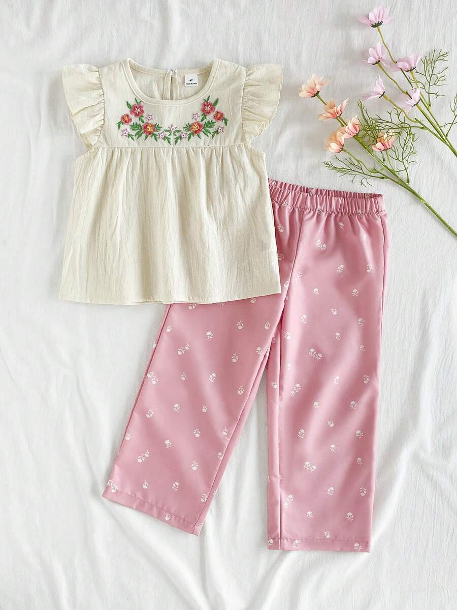 Vintaside Kids 女童花卉刺绣衬衫和碎花裤套装 - 白色 - 查看 1