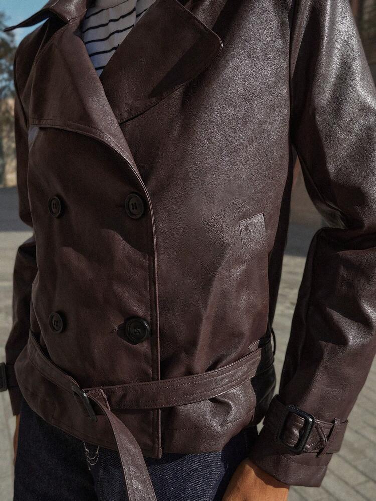 SHEIN Maija Brown Double-Breasted Lapel Leather Short Jacket, Modern Urban Style Casual Versatile Fashion Women Brown Leather Jacket Women Leather Jackets Women Coats Brown Coat Women Women Brown Jacket,Fall Women Halloween Saudi National Day Brown Party Autumn For Women Brown Jacket Women's Winter