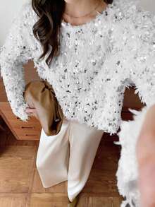 Elyressa 1件装 时尚蓬松亮片欧式宽松圆领套头毛衣，短款柔软舒适优雅女士冬季毛衣 - 白色 - 查看 7