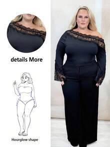 Hourglow Dollyholly86 Plus Size Women Lace Patchwork, Asymmetric, Off Shoulder, Long Sleeve Bodysuit, Suitable For Dates, Valentine's Day, For Hourglass Body Shape, For Body Shape, For Summer - Black - View 7