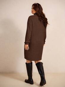 Elaquor Abito casual da donna taglia comoda, monocolore, collo alto, spalle scoperte, maniche lunghe - Castano - Visualizzare 3