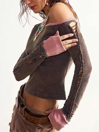 Bohemela Camiseta ajustada de mujer con cuello asimétrico de parche de punto informal