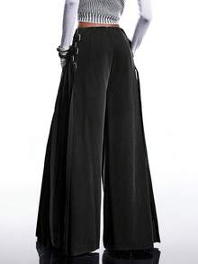 LYSMO Bộ sưu tập tối giản mới dành cho nữ mùa xuân/hè: Quần ống rộng xếp ly buộc dây màu trơn kiểu retro, chân váy midi đen, chân váy dài quấn, chân váy midi buộc dây, chân váy xếp ly. - màu đen - Xem 2