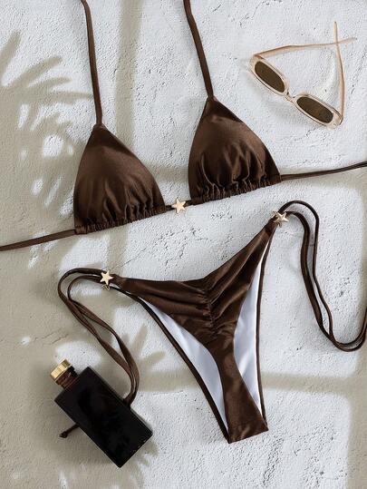  Swim Chiccia 2026 New Viral Chocolate Brown Solid Color Star Decor Accent String Bikini, V Drawstring Women's Sexy Triangle Halter Neck Two Pieces Swimwear, Ultra-Stretchy Breathable Quick-Dry Fabric, Babydoll Top, Adjustable Self-Tie Straps & Cheeky Cut Bottom, Cute Sleek Minimalist Beachwear For Tropical Getaways, Poolside Lounging & Beach Parties, Style Pride Day&Valentines Day Must-Have Flattering Bathing Suits