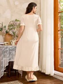 Côtesoire French Elegant Romantic Mesh Patchwork Lantern Sleeve A-Line Maxi Women Nightgown - Apricot - View 2