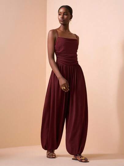 Zivah 2026 Spring/Summer New Arrivals Casual Red Bubble Hem Cami Jumpsuit, Suitable For Vacations, Travel, Parties, Gatherings, Wedding Guest Attire, Cruises, Evenings, Beach Sunbathing, Nighttime Outings, Brunch, Shopping, Valentine's Day, Formal Occasions, Dinner Parties, Music Festival, Birthday Party, Casual, Everyday Wear.