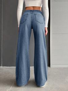 100%Cotton Low Waist Wide Leg Medium Wash - Dusty Blue - View 2