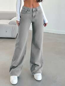 SHEIN Tall 100%Cotton LOW AIST BLACK STAIGHT CUT LONG HEM JEAN - Grey - View 4