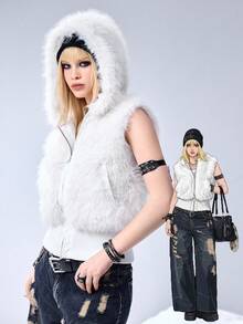 ROMWE Grunge Punk Y2K Kpop Faux Fur Hooded Cardigan Vest Jacket For Women - White - View 9